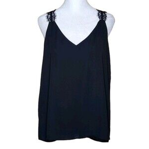 LOFT Black V-Neck Camisole with Sheer Eyelash Lace Back Womens Medium Whimsygoth